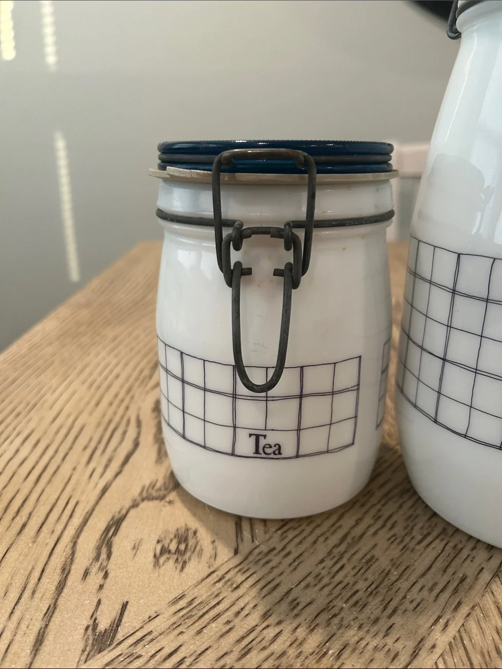 Vintage Wheaton Milk glass Tea & Sugar Canister Set in White with Blue Lids